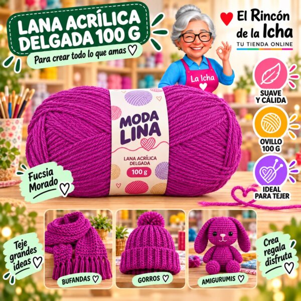 RI-ML-00011 Lana Acrílica Delgada Moda Lina 100 g Fucsia Morado
