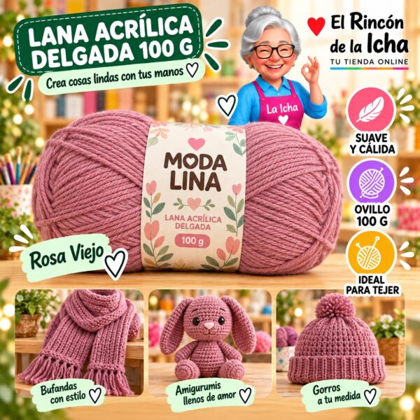 RI-ML-00012 Lana Acrílica Delgada Moda Lina 100 g Rosa Viejo