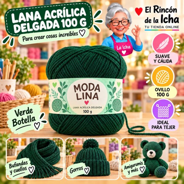 RI-ML-00015 Lana Acrílica Delgada Moda Lina 100 g Verde Botella