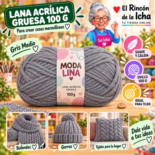 RI-ML-00026 Lana Acrílica Gruesa Moda Lina 100 g Gris Medio
