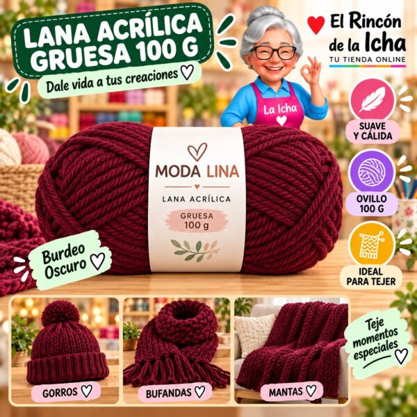 RI-ML-00029 Lana Acrílica Gruesa Moda Lina 100 g Burdeo Oscuro