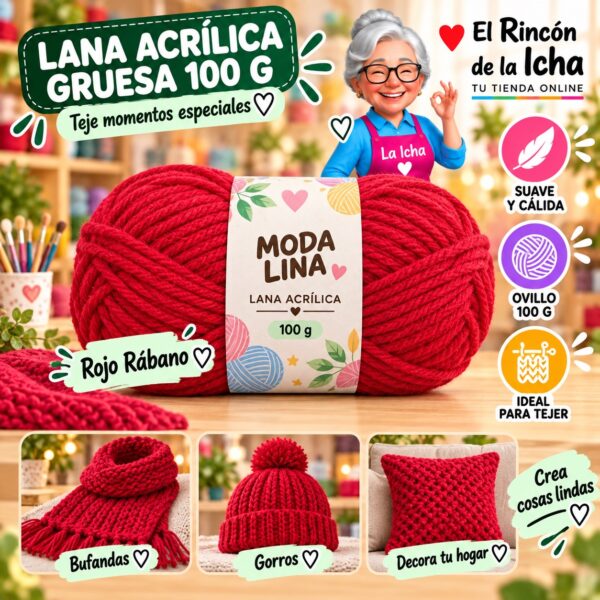 RI-ML-00037 Lana Acrílica Gruesa Moda Lina 100 g Rojo Rábano