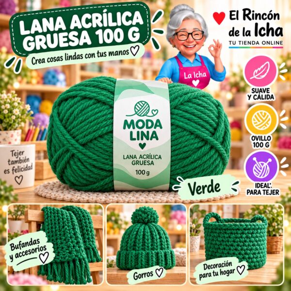 Lana Acrílica Gruesa Moda Lina 100 g Verde