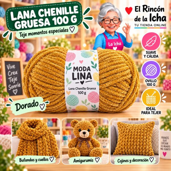 RI-ML-00046 Lana Chenille Gruesa Moda Lina 100 g Dorado