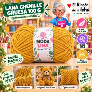 RI-ML-00048 Lana Chenille Gruesa Moda Lina 100 g Amarillo Mostaza