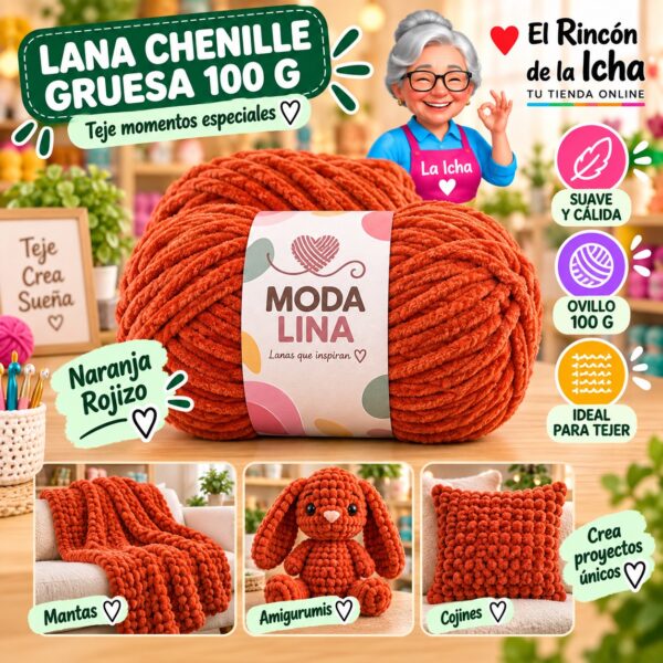 RI-ML-00049 Lana Chenille Gruesa Moda Lina 100 g Naranja Rojizo