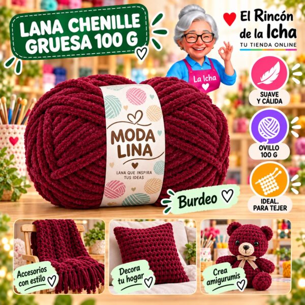 RI-ML-00056 Lana Chenille Gruesa Moda Lina 100 g Burdeo