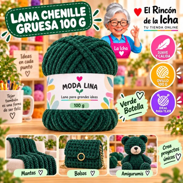 RI-ML-00058 Lana Chenille Gruesa Moda Lina 100 g Verde Botella
