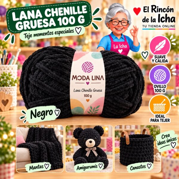 Lana Chenille Gruesa Moda Lina 100 g Negro