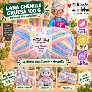 RI-ML-00061 Lana Chenille Gruesa Moda Lina 100 g Multicolor Azul, Rosado Y Amarillo