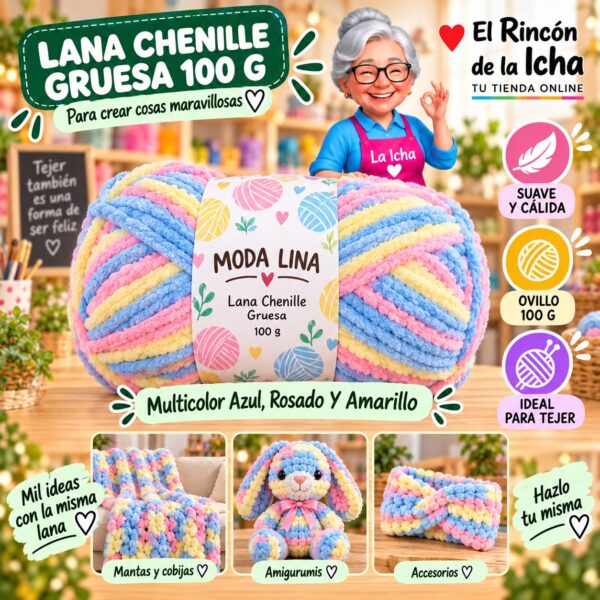 RI-ML-00061 Lana Chenille Gruesa Moda Lina 100 g Multicolor Azul, Rosado Y Amarillo