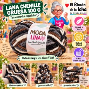 RI-ML-00062 Lana Chenille Gruesa Moda Lina 100 g Multicolor Negro, Gris, Blanco Y Café