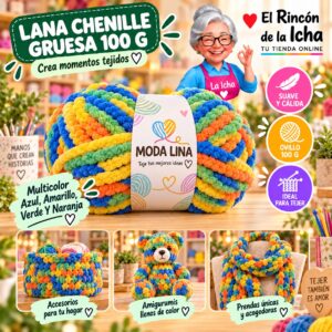 RI-ML-00063 Lana Chenille Gruesa Moda Lina 100 g Multicolor Azul, Amarillo, Verde Y Naranja