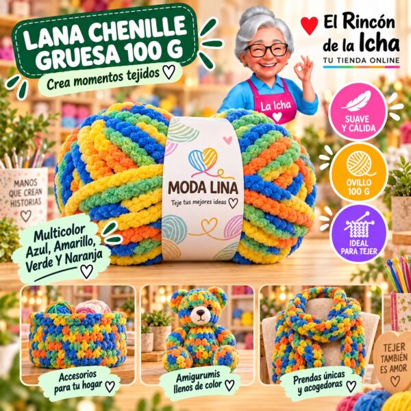RI-ML-00063 Lana Chenille Gruesa Moda Lina 100 g Multicolor Azul, Amarillo, Verde Y Naranja