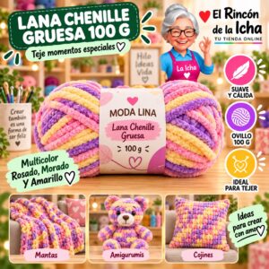 RI-ML-00064 Lana Chenille Gruesa Moda Lina 100 g Multicolor Rosado, Morado Y Amarillo