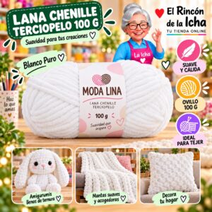 RI-ML-00069 Lana Chenille Terciopelo Moda Lina 100 g Blanco Puro