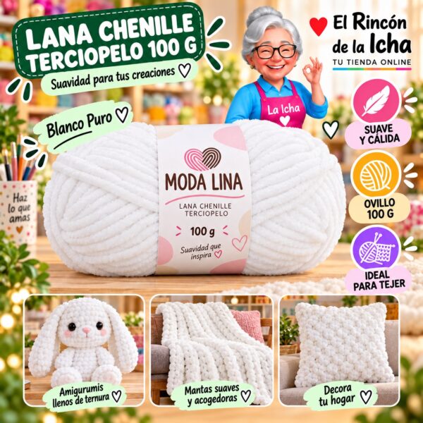 RI-ML-00069 Lana Chenille Terciopelo Moda Lina 100 g Blanco Puro