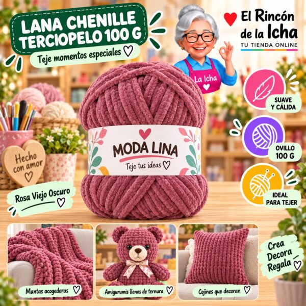 RI-ML-00072 Lana Chenille Terciopelo Moda Lina 100 g Rosa Viejo Oscuro