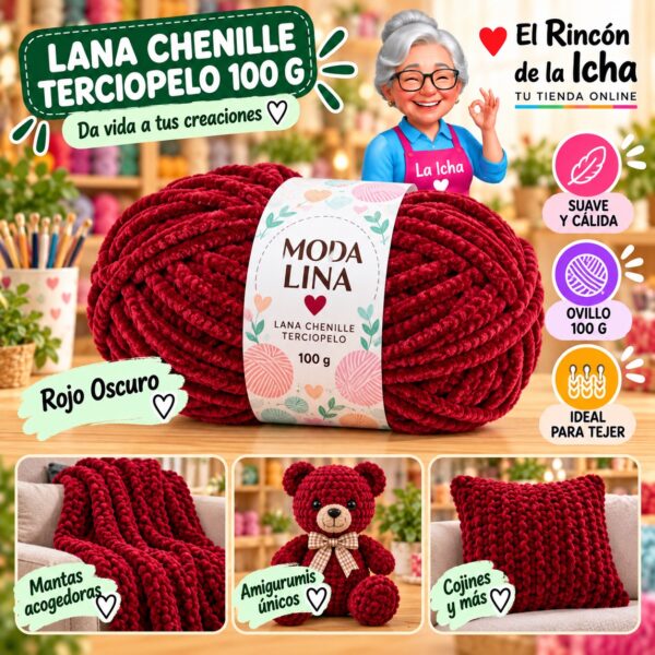 RI-ML-00073 Lana Chenille Terciopelo Moda Lina 100 g Rojo Oscuro