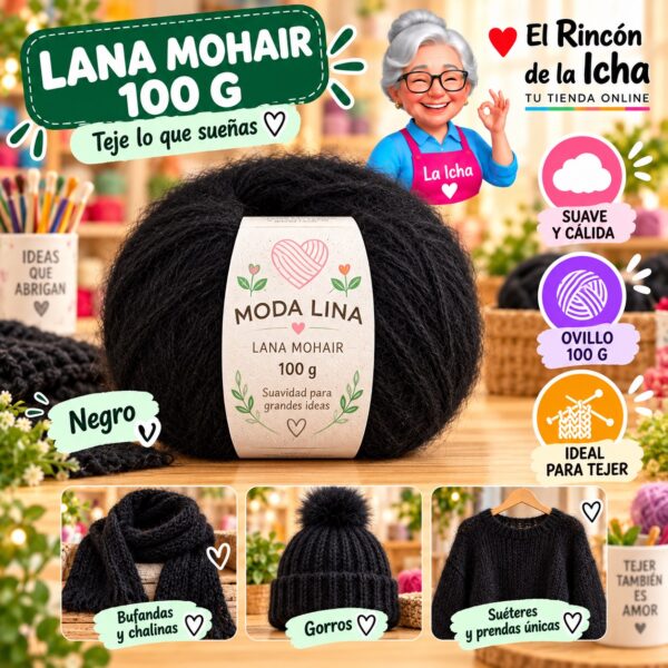 Lana Mohair Moda Lina 100 g Negro