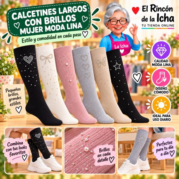 Calcetines Largos con Brillos Mujer Moda Lina Diseño 600328
