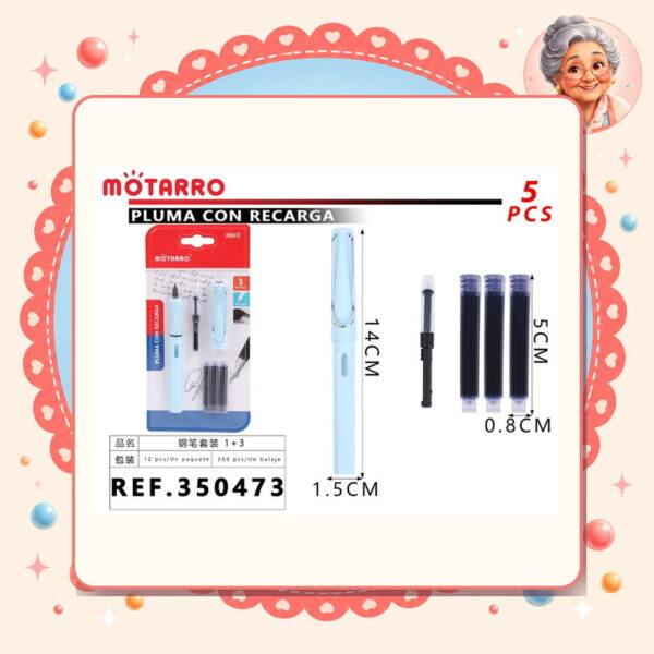 1+2pcs Boligrafo Estilografico+recambios Azul Motarro Ref. 350473