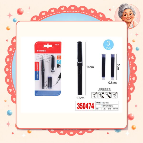 1+2pcs Boligrafo Estilografico+recambios Negro Motarro Ref. 350474
