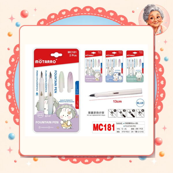 2+4pcs Pluma Estilografica Borrable+repuestos Azul Conejo Motarro Ref. MC181