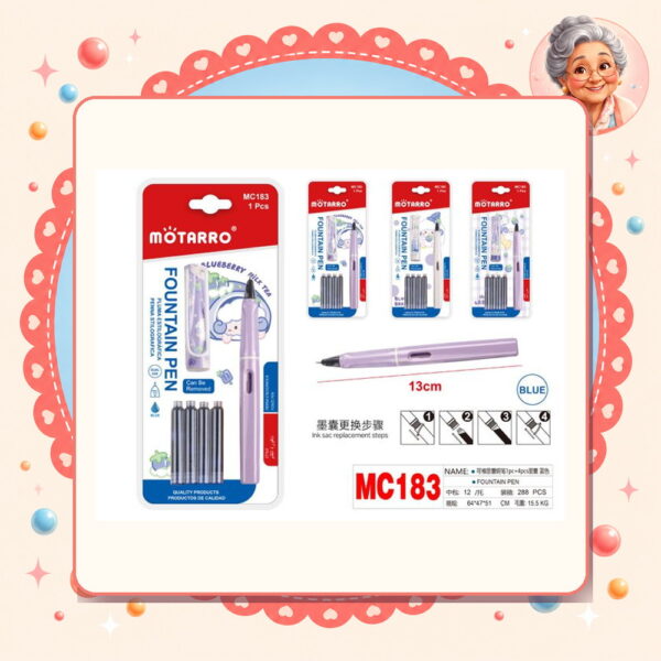 1+4pcs Pluma Estilografica Borrable+repuestos Azul Oveja Motarro Ref. MC183