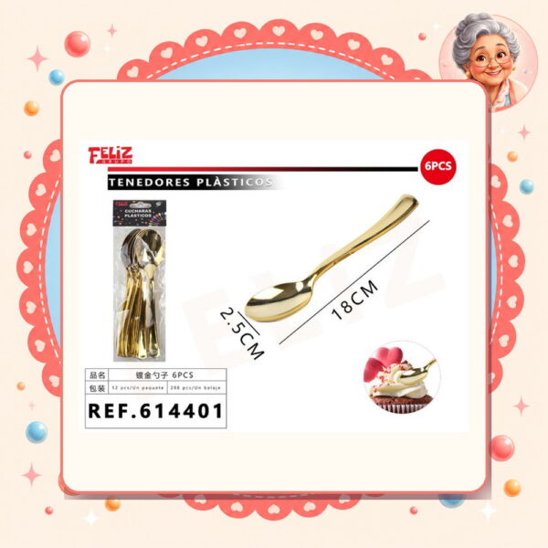 X 18cm 6pcs Cucharas Plasticos Dorado Feliz Ref. 614401