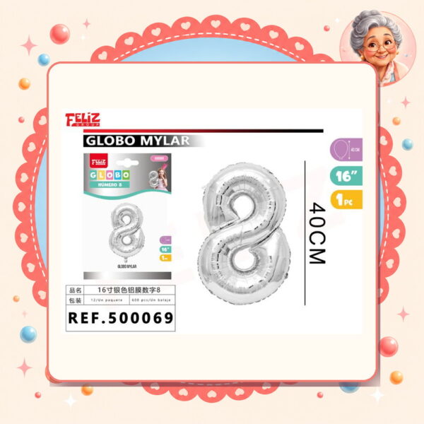 16" Globo Numero 8 Plateado Feliz Ref. 500069