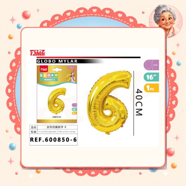 16" Globos Numero 6 Dorado Feliz Ref. 600850-6