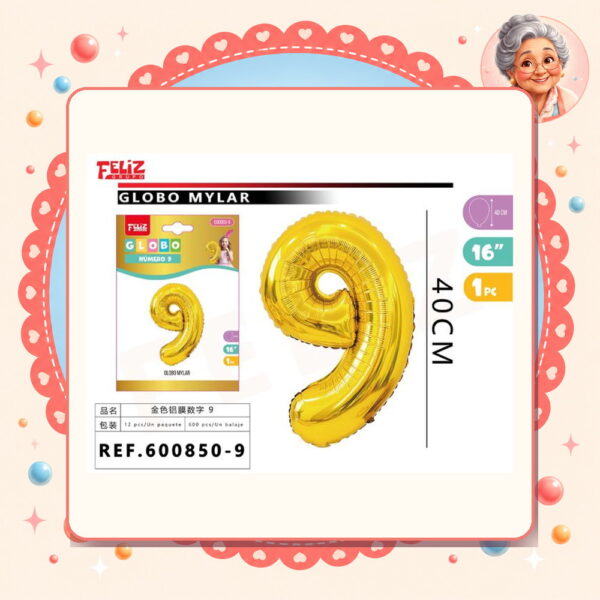 16" Globos Numero 9 Dorado Feliz Ref. 600850-9