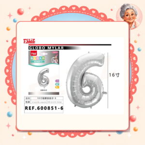 la-icha-04719 16" Globos Numero 6 Plateado Feliz Ref. 600851-6