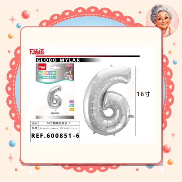 16" Globos Numero 6 Plateado Feliz Ref. 600851-6
