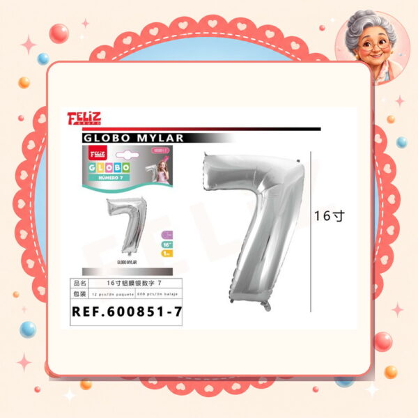 16" Globos Numero 7 Plateado Feliz Ref. 600851-7