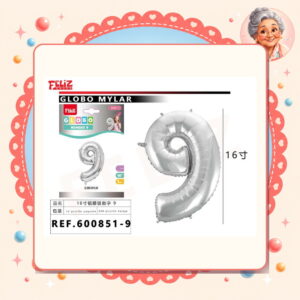 la-icha-04721 16" Globos Numero 9 Plateado Feliz Ref. 600851-9