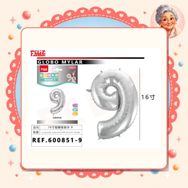 la-icha-04721 16" Globos Numero 9 Plateado Feliz Ref. 600851-9