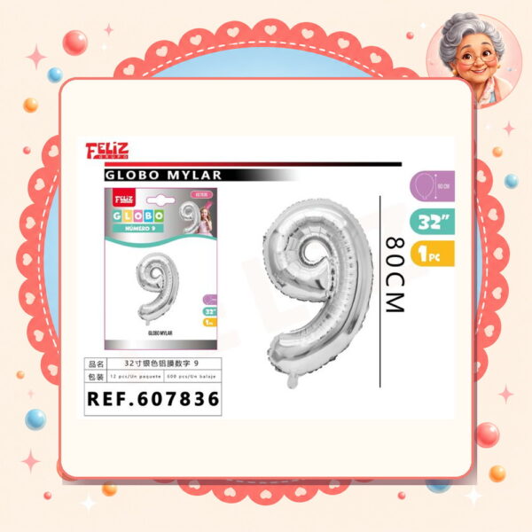 la-icha-04743 Mylar Plateado 9 Feliz Ref. 607836