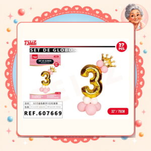 la-icha-04821 Globos Numero 3 Dorado Feliz Ref. 607669